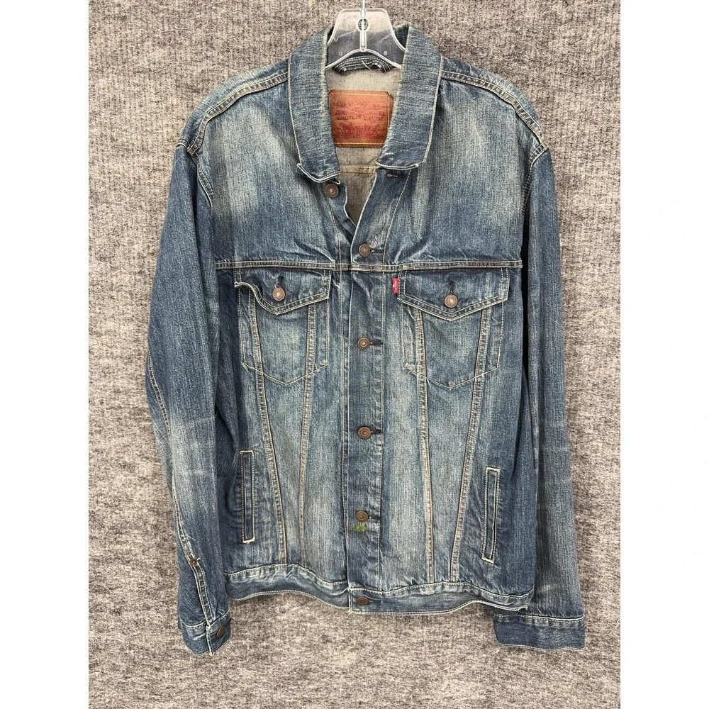 Levis Denim Jacket Mens XL Blue Button Front Faded Distressed Western Casual